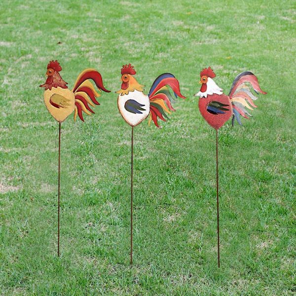 Metal Rooster Family Yard Stake