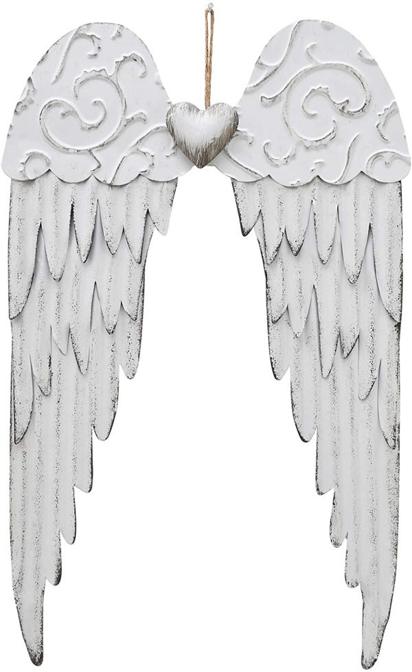 Angel Wings Wall Decoration, Antique Hanging Metal Angel Wings Wall Décor with Heart Decorative Angel Wings Wall Sculpture Indoor Outdoor Wall Decor Hanging for Home Bedroom Living Room Garden