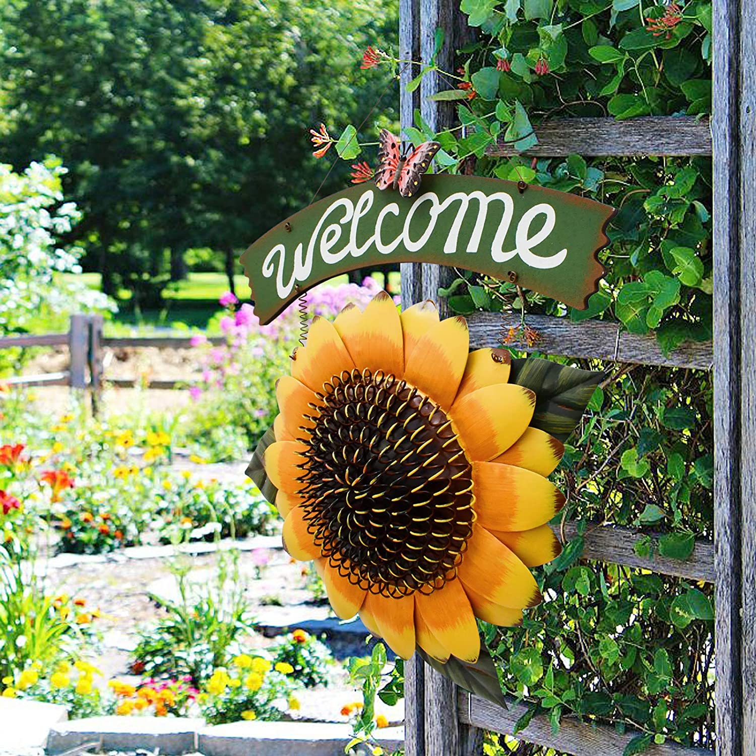 Metal Rustic Sunflower Welcome Hanging Sign Garden Wall Door Decor 16.5"X10" 