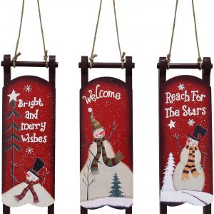 Wood Sleigh Decor Rustic Christmas Hanging Ornament Set of 3